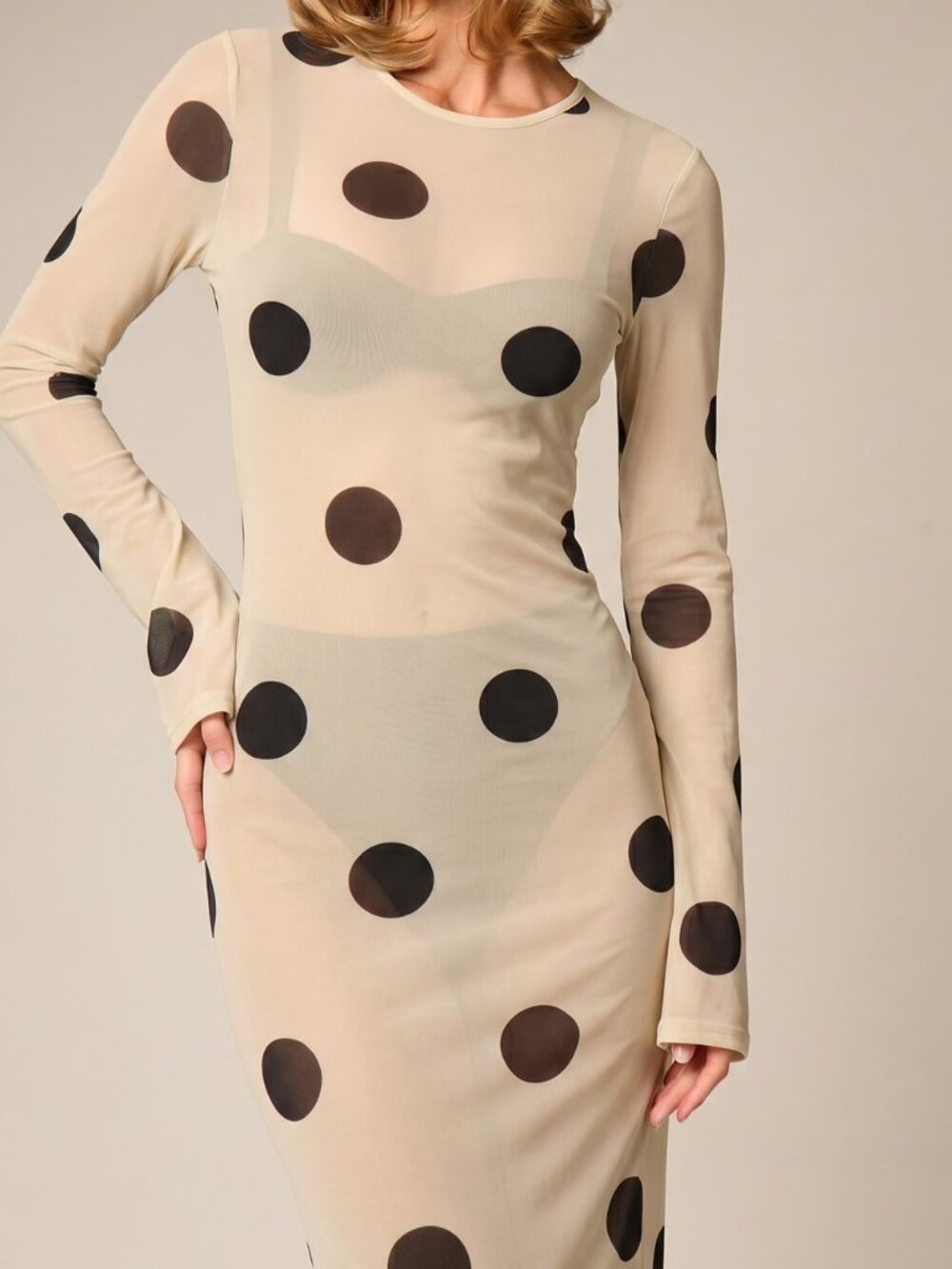 White Elegant Women's Polka Dot Extra-Long Sleeve Pencil Dress - Picture 4 of 5